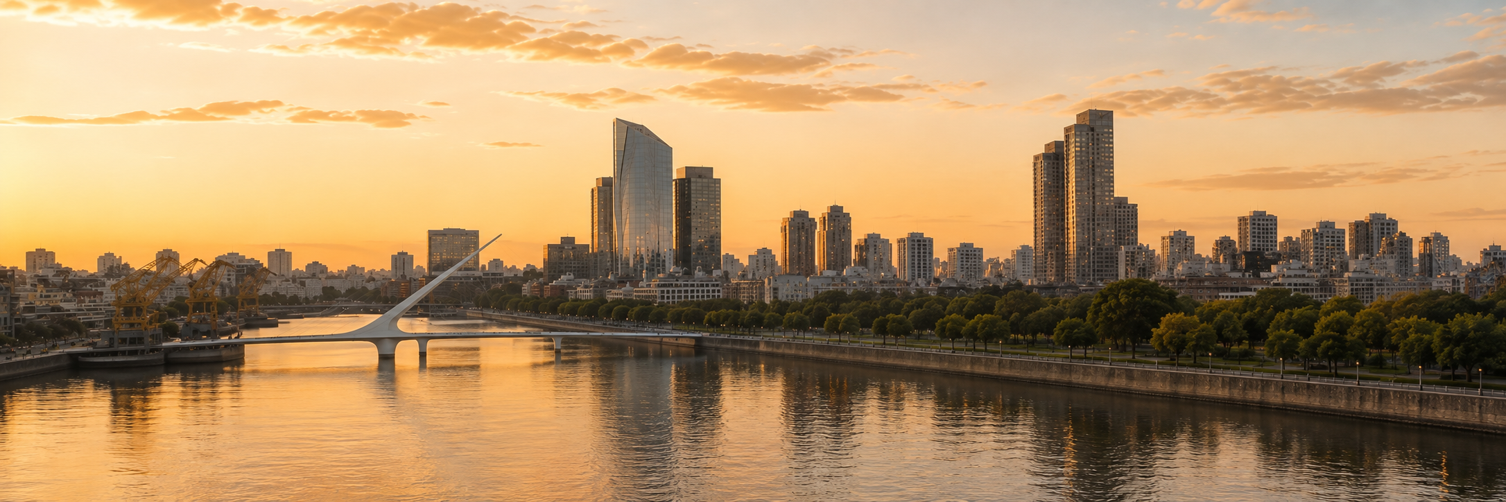 Horizonte urbano e rio de Buenos Aires ao entardecer